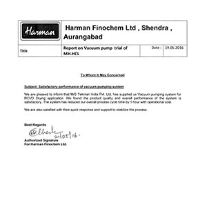 Performance Certificate - Harman Finochem Ltd.