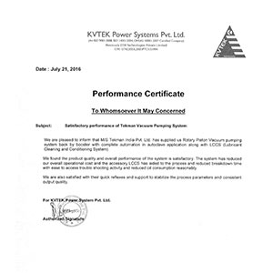 Performance Certificate - KVTEK Power Systems Pvt. Ltd.