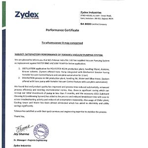 Performance Certificate - Zydex Industries